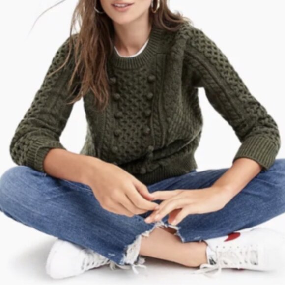 J. Crew Women's Olive Green Long Sleeve Popcorn Chunky Cable Knit Sweater Small - Picture 7 of 7